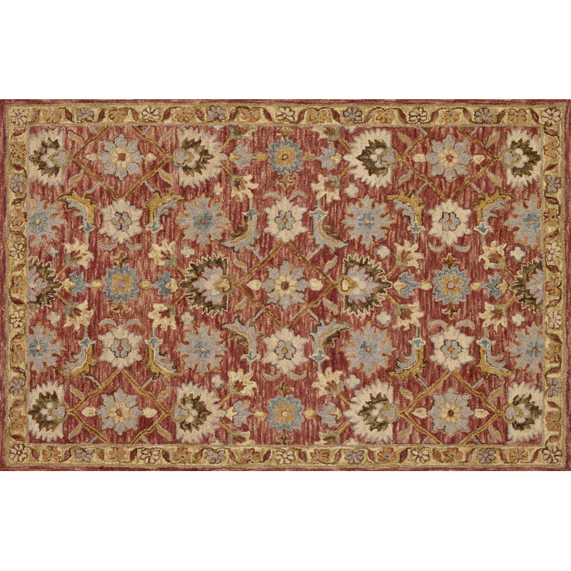 Tapis rouge en laine crocheté à la main Asan, Rectangle 3 pi 6 po x 5 pi 6 po