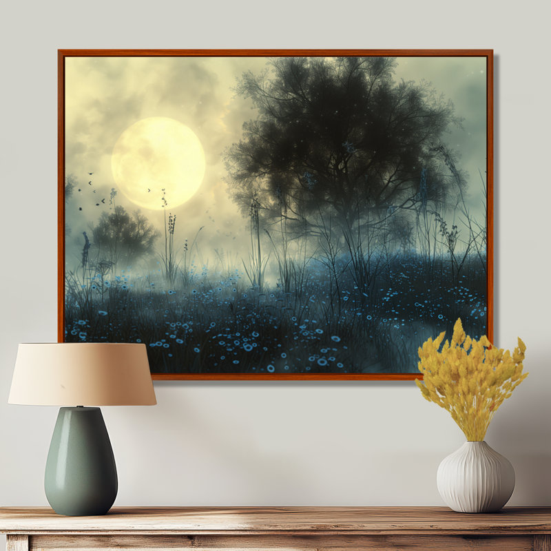 Hiver gris, arbre de lune blanc II - art mural fées, Toile avec cadre flottant brun, H 30 po x l 40 po x P 1,5 po