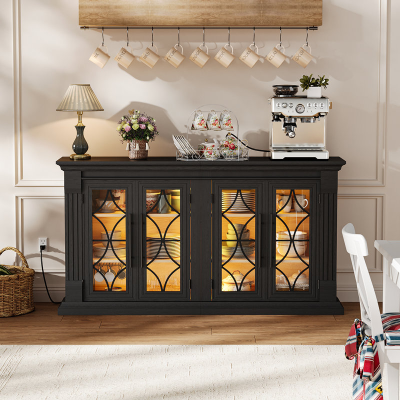 60" Wide Sideboard Buffet With Outlet & Led , Farmhouse 4 Doors Credenza Storage Cabinets With Adjustable Shelves，Black