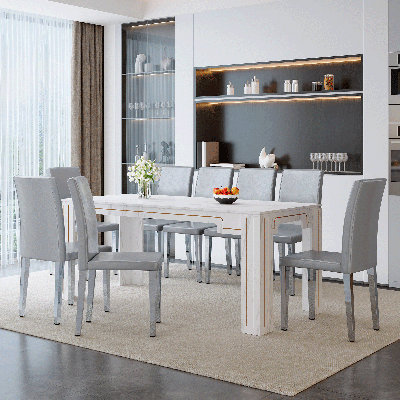 9PCS Table And Chair Set, Wooden Rectangular Dining Table Paired With 8 Hight Back Upholstered Dining Chairs