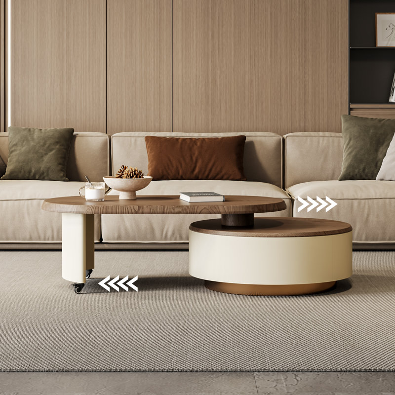 Table basse coulissante extensible à 2 voies de 47 po avec roulettes et rangement caché à tiroir, plateau en noyer et base crème pour le salon