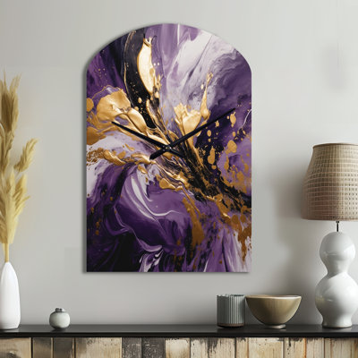Mauve et or liquide Magic II - horloge asymétrique abstraite en métal, horloge murale mauve