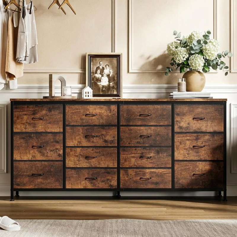 Meuble télé commode pour la chambre à coucher avec 14 tiroirs et station de charge, meuble télé de 75 po à large commode, console multimédia moderne pour le salon, la chambre à coucher