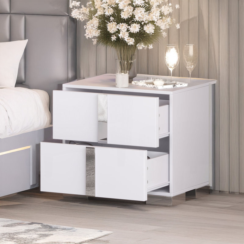 Table de chevet élégante avec poignée en métal, table de chevet à miroir avec 2 tiroirs pour chambre à coucher, salon, blanc