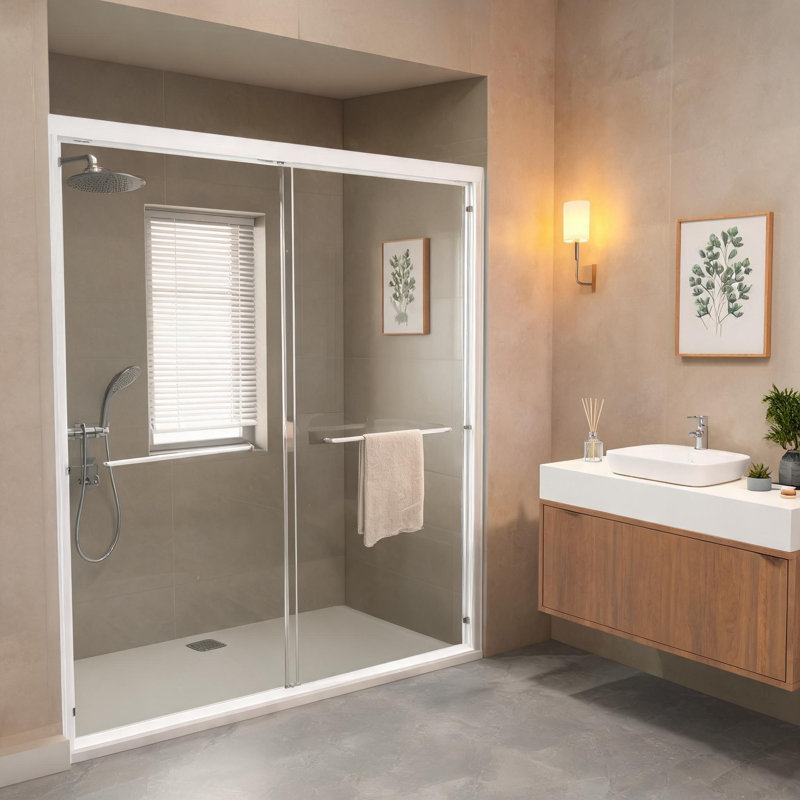 Porte de douche coulissante double en verre trempé blanc de 56 à 60 pouces avec poignées en acier inoxydable