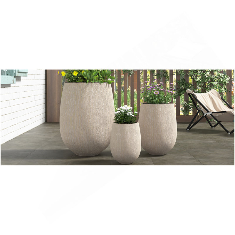 Ensemble de 3 pots à fleurs en forme d'œuf pour l'extérieur, léger et en forme de pierre, Beige