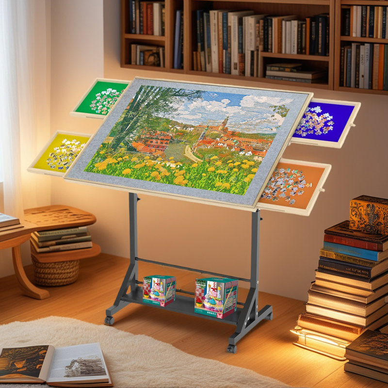 Table de casse-tête en bois 1500 pièces avec tiroir, table de casse réglable de 35 po x 27,17 po, table de casse inclinable à 360 ° avec pieds et roulettes, table de casse-tête roulante, hauteur et angle réglables, avec housse de protection