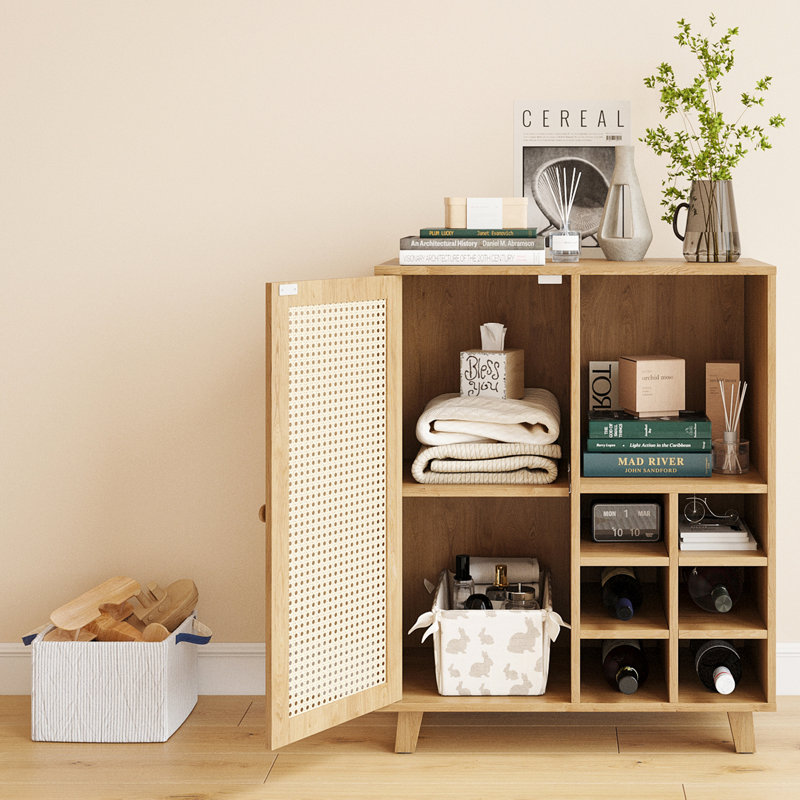 Armoire d'appoint en rotin avec tablettes réglables, Beige