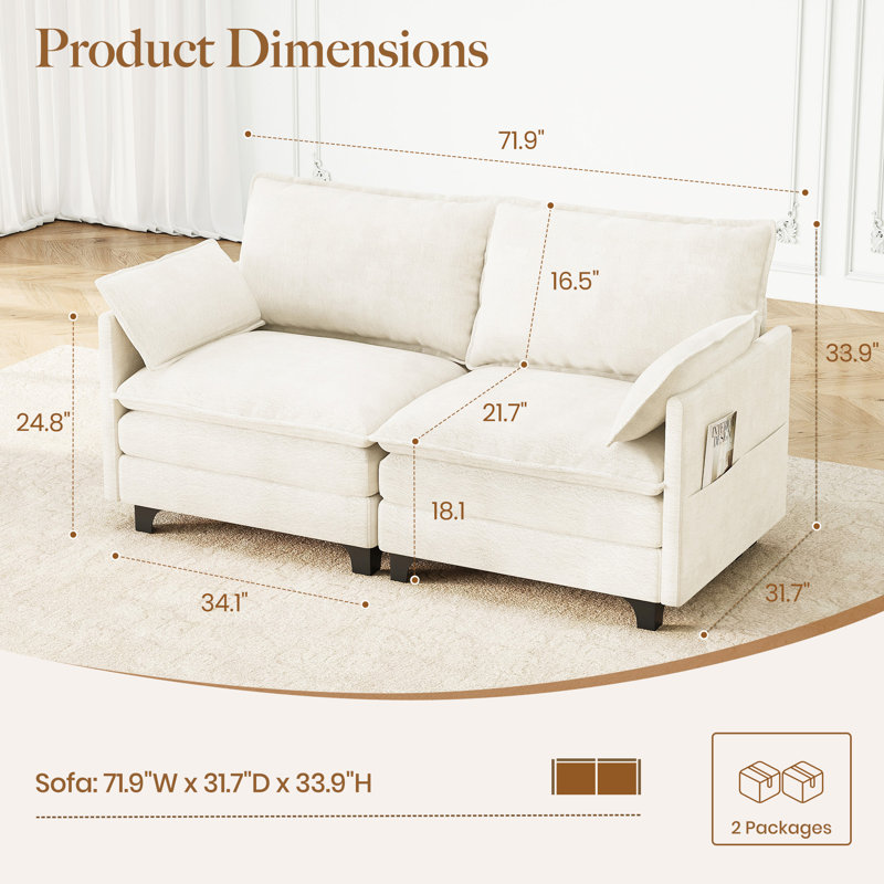 Causeuse moderne en chenille avec mousse durable à haute densité et deux coussins décoratifs, Beige