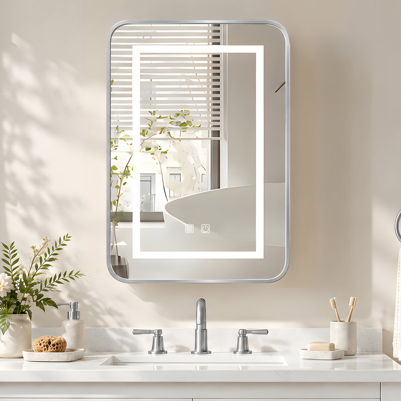 Mirrored Bathroom Cabinets with Mirror and 3, 60cm H × 40cm W × 11.5cm D, Brushed Nickel