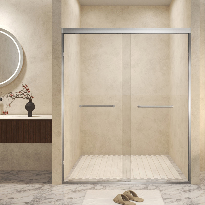 44-48" X 72" Tempered Glass With Explosion Proof Film, Aluminum Frame Double Sliding Shower Door, "1/4 (6 Mm), Stainless Steel Handle,Brushed Nickel