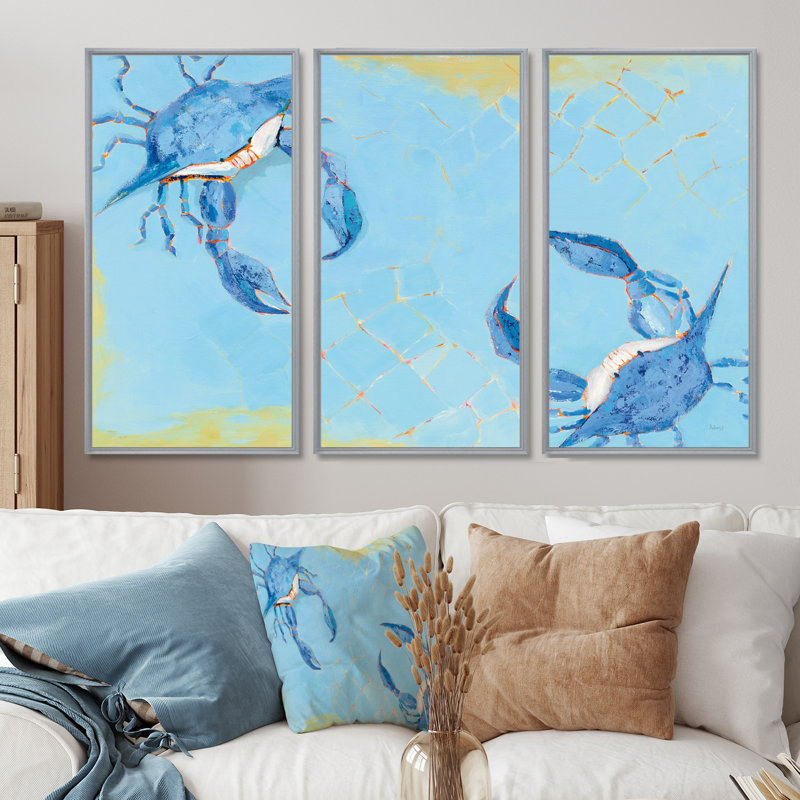 Bataille de crabe bleu côtier - ensemble d'art mural sur toile encadré nautique et côtier, H 28 po x l 36 po, Argent