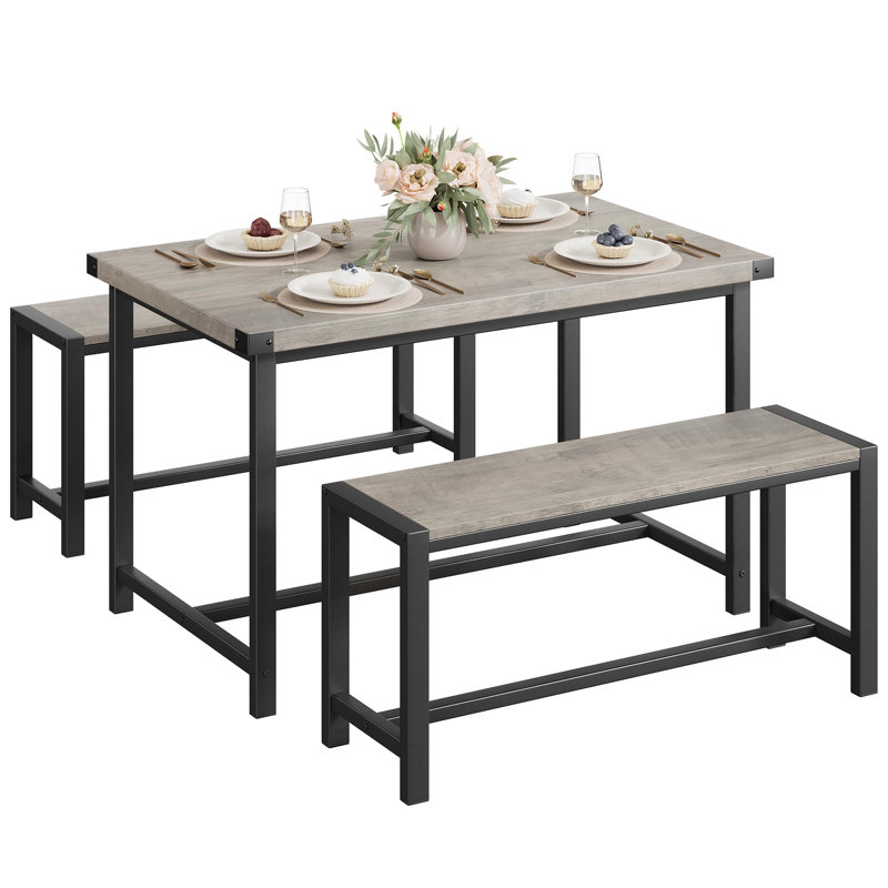 Ensemble de table de cuisine 3 pièces noir avec 2 larges bancs - base en H, surface imperméable, ensemble repas compact pour 4 personnes, peu encombrant pour les petits espaces