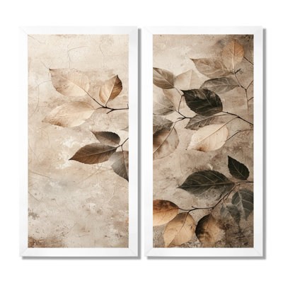 Taupe Leaves Mosaic Collage - Leaves Wall Art Wall Art, Brown Floral Framed Wall Art Set Of 2