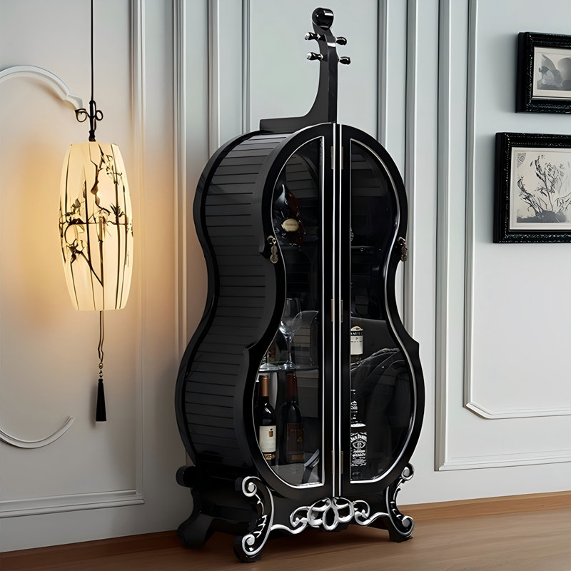 62.99"H Black Solid Wood Retro Glass Wine Cabinet, Black