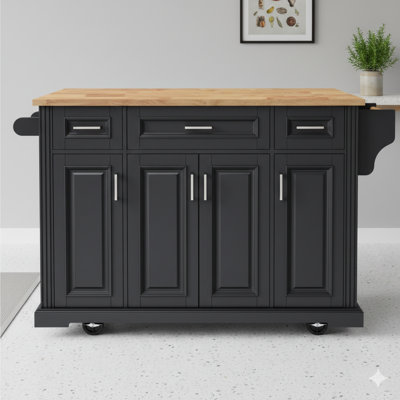 Spacious 54-Inch Kitchen Island Cart with Rubberwood Drop-Leaf Surface, Embossed Textured Finish, Rolling on Four Wheels, Featuring Four Cabinets and Three Drawers – Ideal Storage Solution for Kitchen and Dining Areas, Finished in Black