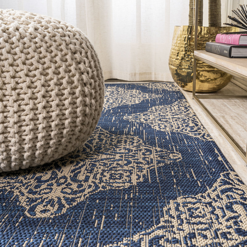 Shahzaib Ornate Medallions Navy/Beige Indoor/Outdoor Rug, Runner 2'2" x 8'