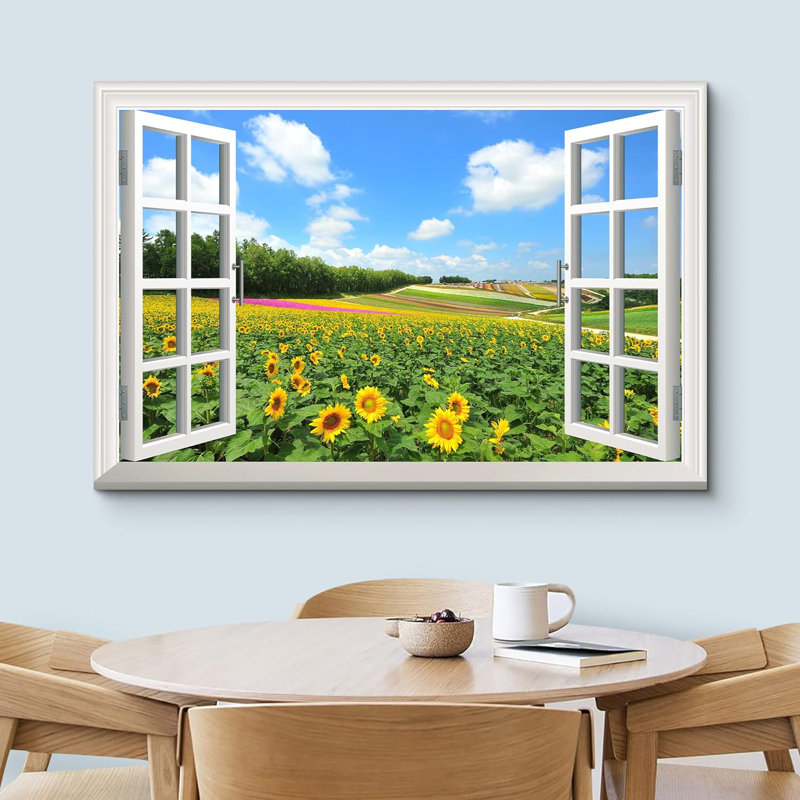Vue de la fenêtre d'un champ de tournesols de style hollandais, H 16 po x l 24 po