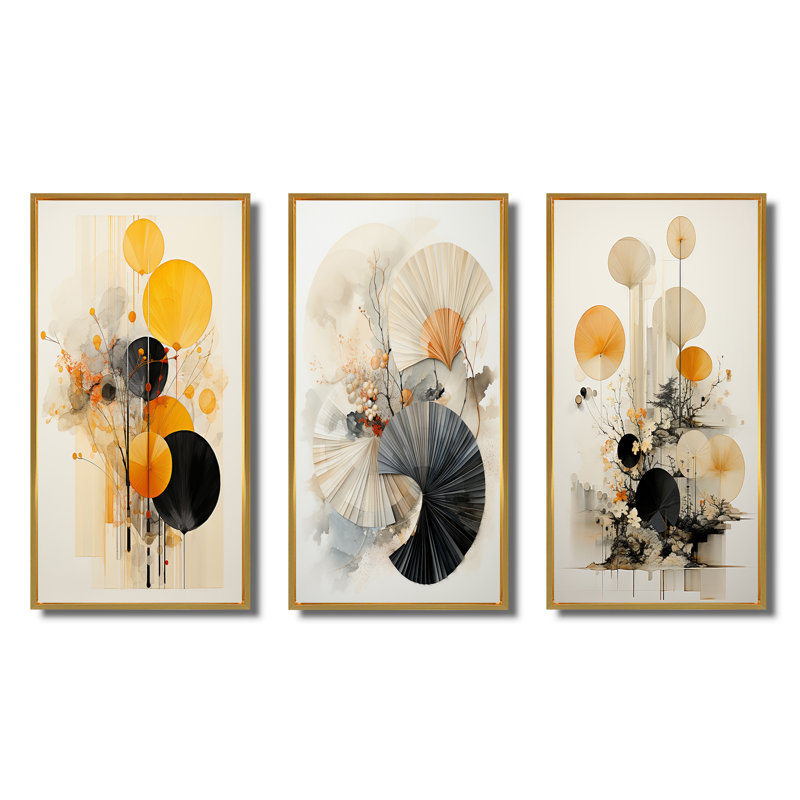 «Asian Art Seashell Sumi», 3 pièces sur toile, Encadrement doré, H 40 po x l 60 po
