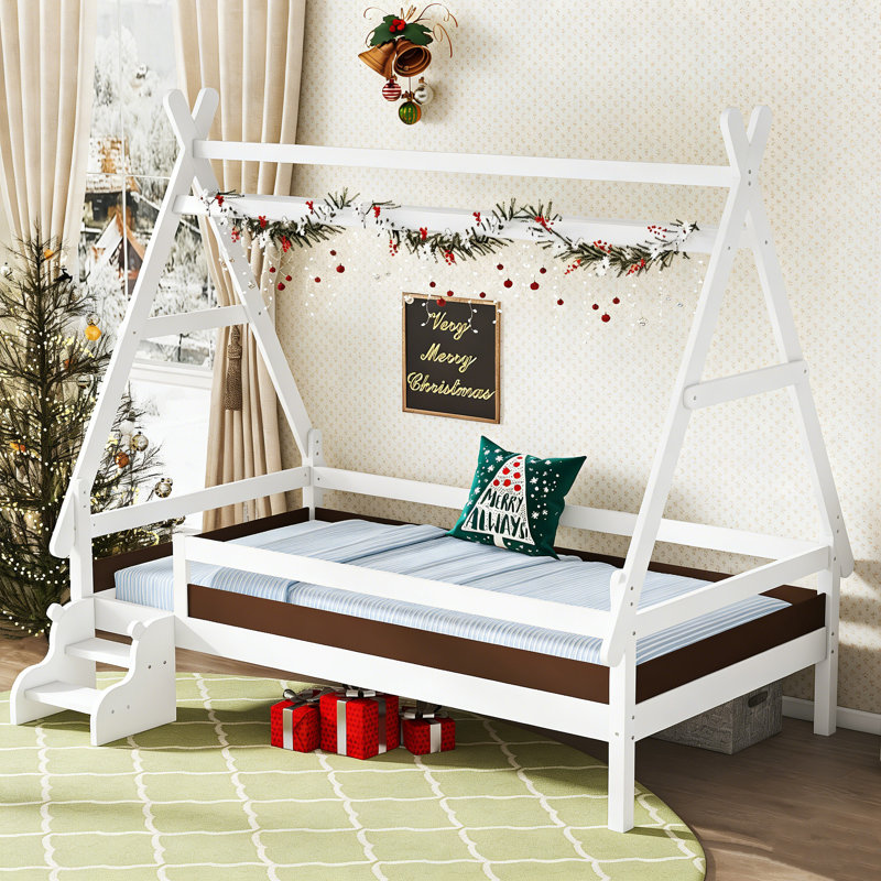 Lit plateforme simple avec escalier, structure de lit simple en bois massif, Lit simple, Blanc