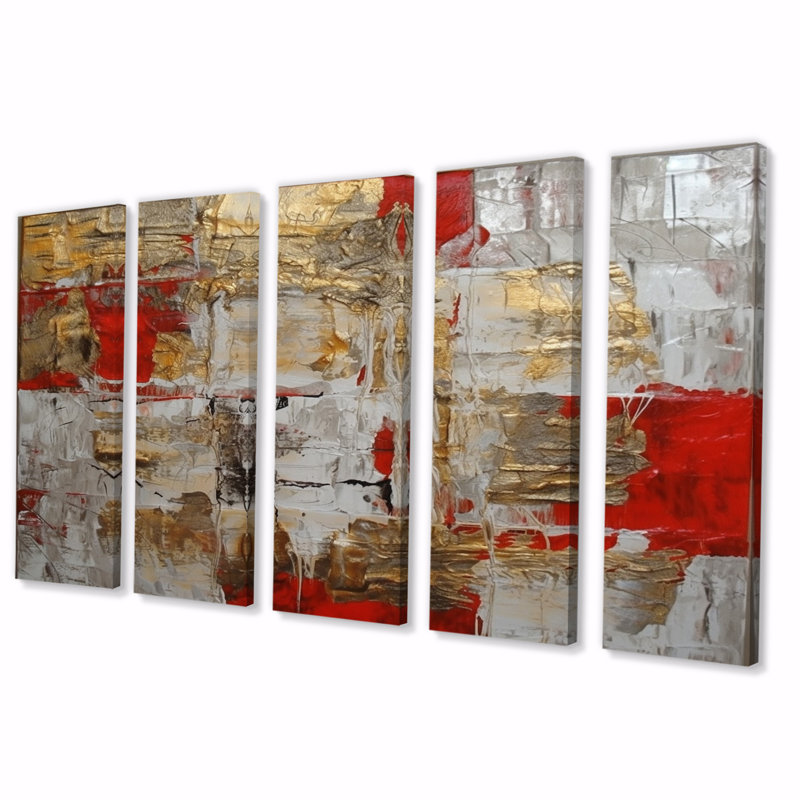 «Cardinal Sin Retro Delight Abstract Red & Gold I», reproduction d'art sur toile abstraite - 5 panneaux égaux