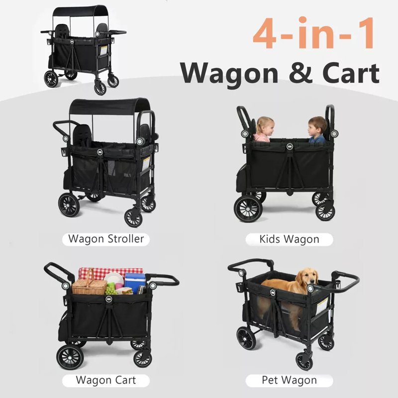 Folding Wagon Stroller for 2 Kids, Adjustable Handle, All-Terrain Shock-Absorbing Wheel, Detachable Tray, Diaper Bag, Black