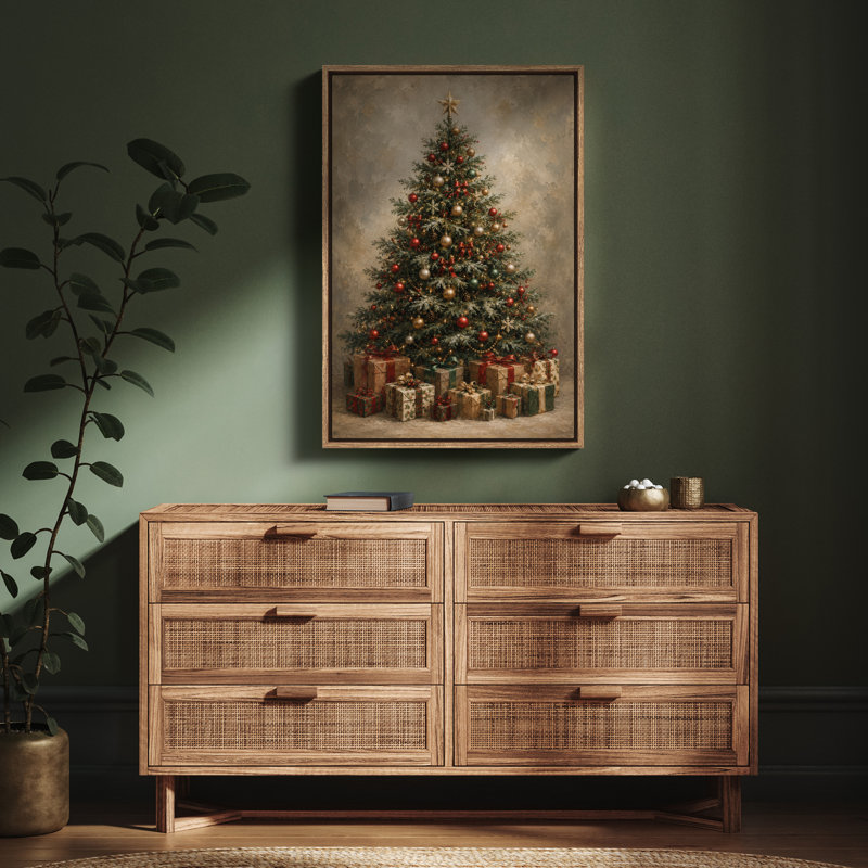 Arbre de Noël décoré avec cadeaux, décoration de salon, impression encadrée, H 36 po x l 24 po, Naturel
