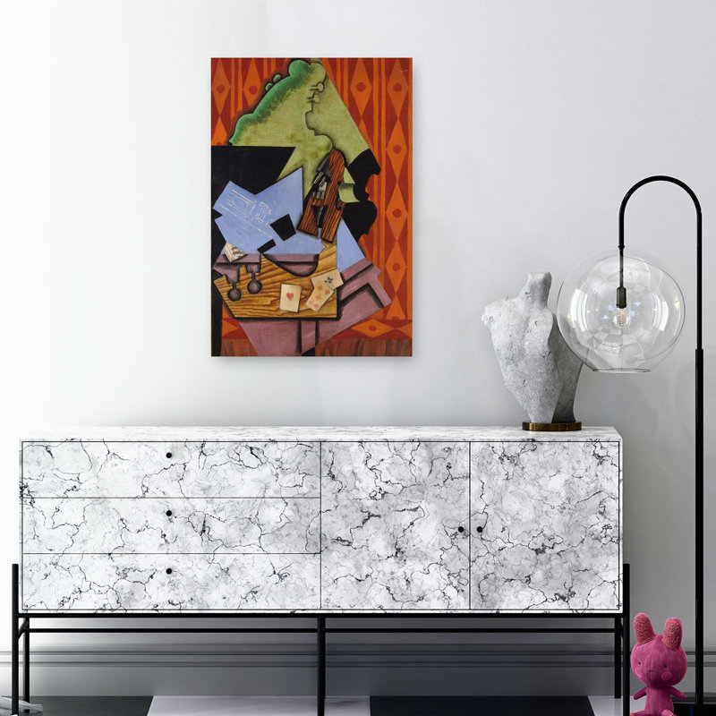 Violon et cartes à jouer sur une table, 1913. Estampe d'art mural abstraite contemporaine., H 36 po x l 24 po