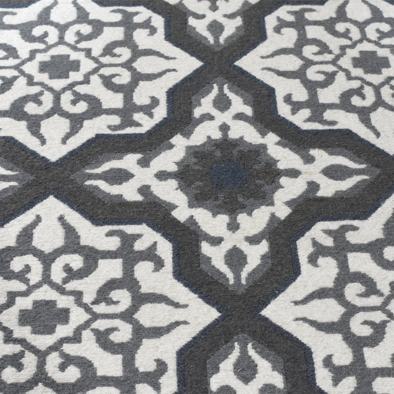 Hand Knotted Sumak Wool Contemporary White | Charcoal Rectangle Indoor Area Rug, Rectangle 6' x 9'