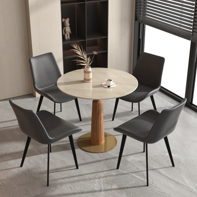 5-Piece Modern Round Sintered Stone Conference Table Set With 4 Leather Chairs