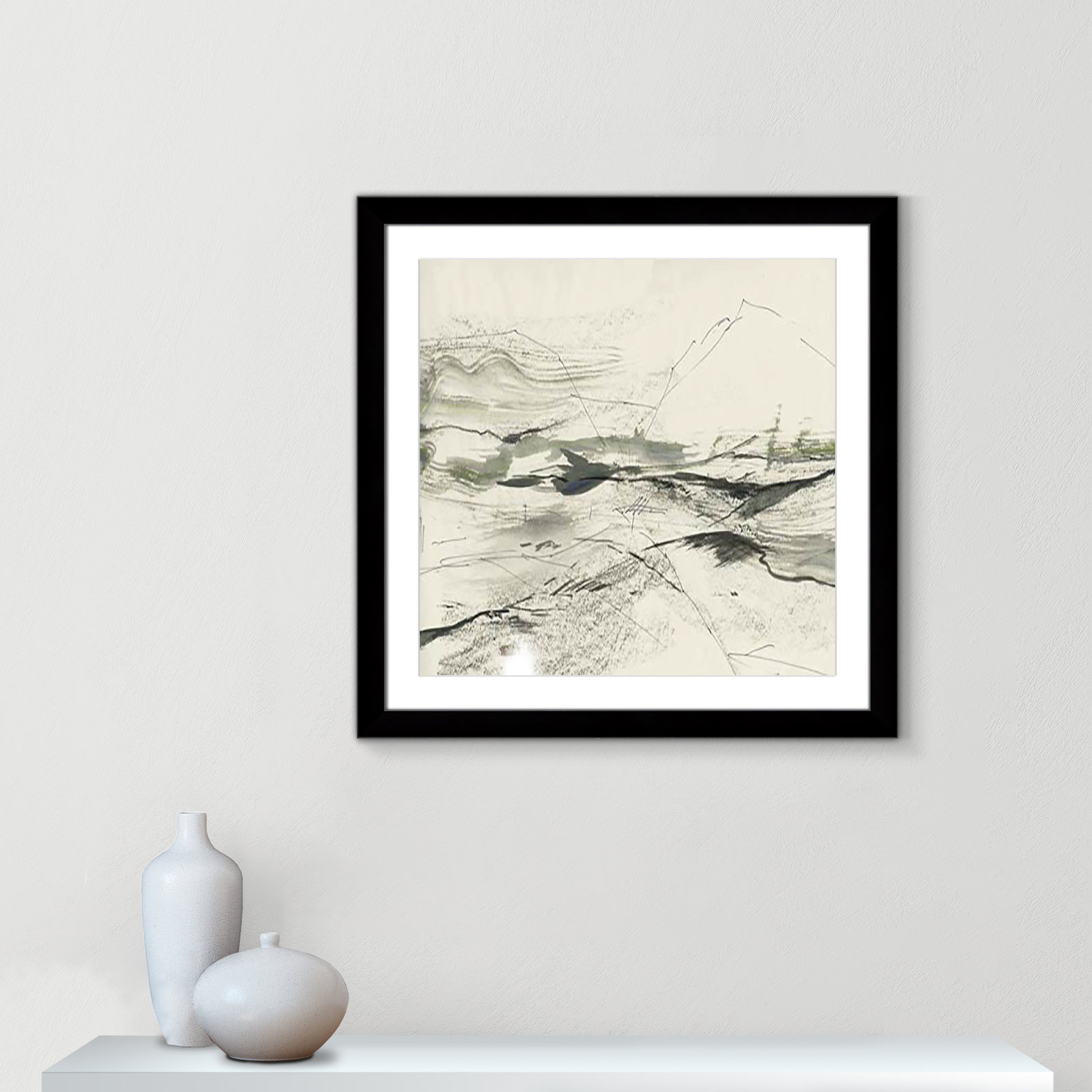 Green Sketches Print, 29" H x 29" W x 1.25" D, Black Cube Framed