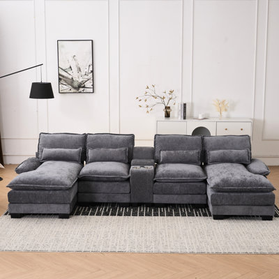 123*55" Modern U - Shaped 6 Seat With Double Chaise, Console And Ports For Living Room, Grey Chenille Upholstered Sleeper Couch Pocket Spring Cushions Stable Solid Wood Legs Indoor Use, Frame