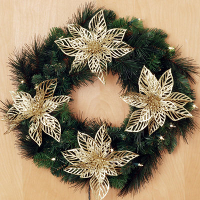4-pack 8.5" Gold Glitter Poinsettia Flower, Christmas Holiday Decoration, Ideal For Holiday Decor, Xmas Floral Arrangements, Home Decoration