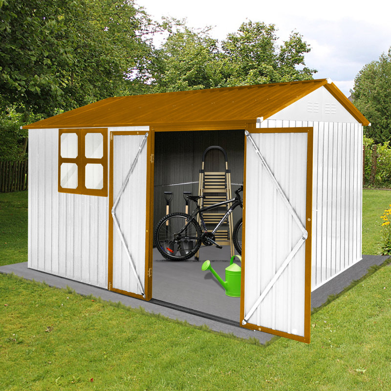 Abri de jardin en métal 10 pi avec rangement extérieur blanc et jaune avec fenêtre, Jaune