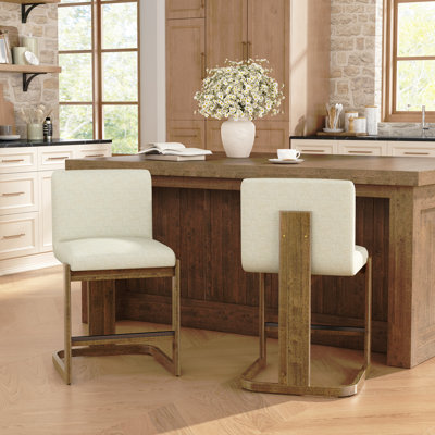 Ensemble de 2 tabourets de bar modernes en bois massif à hauteur de comptoir de 24 po avec îlot de cuisine revêtu de lin et pieds en bois au fini noyer pour café-bar Home, beige
