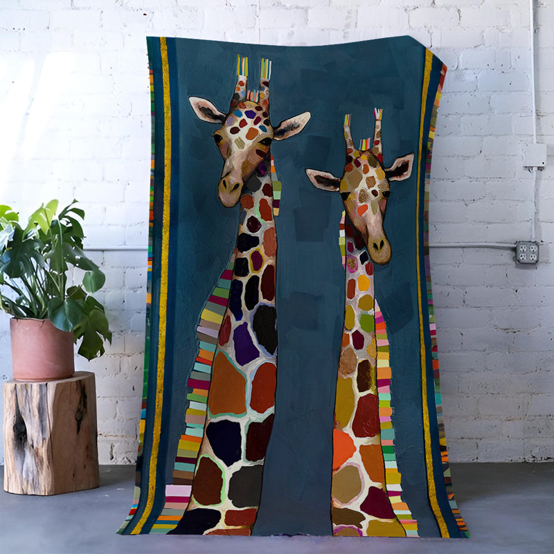 Blue-Themed Giraffe Patterned Multi-Colored Modern Decorative Rug, Rectangle 5'1.02" x 7'6.55"
