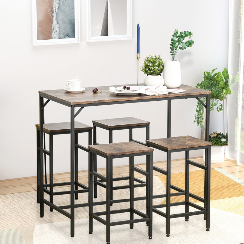 Ensemble de table de salle à manger 5 pièces avec table de bar et 4 tabourets, idéal pour les réunions de famille et les repas décontractés