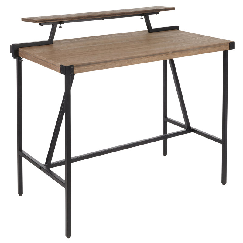 Black Metal Base And Brown Top Counter Table - Indoor Furniture Industrial Top, Removable Bin