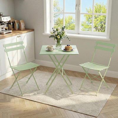 Ensemble bistro 3 pièces en métal pliable, table de patio en acier sans assemblage et 2 chaises, mobilier d'extérieur compact pour balcon, terrasse, jardin et petits espaces, vert