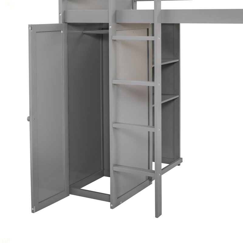 Lit mezzanine simple avec lit autonome, tablettes, bureau et garde-robe, Grey