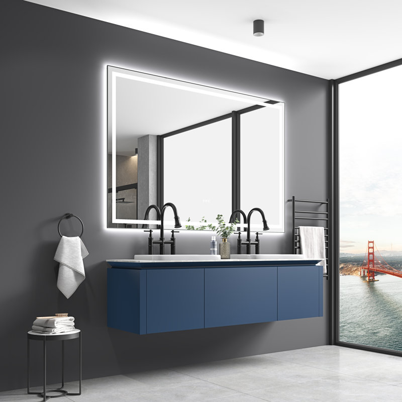 Miroir de salle de bain mural 84 po x 48 po en aluminium, verre DEL, encadré, 1 pièce