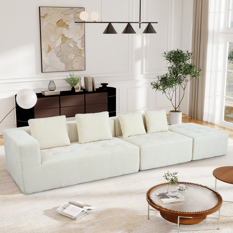 110" Modular Sectional Couch With Reversible Chaises, Beige Polyester