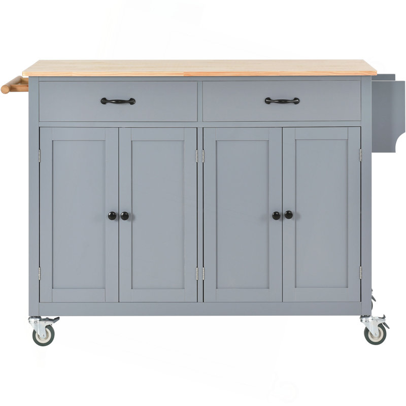 Chariot pour îlot de cuisine avec plateau en bois massif et roues verrouillables, largeur de 54,3 pouces, armoire à 4 portes et deux tiroirs, support à épices, porte-serviettes