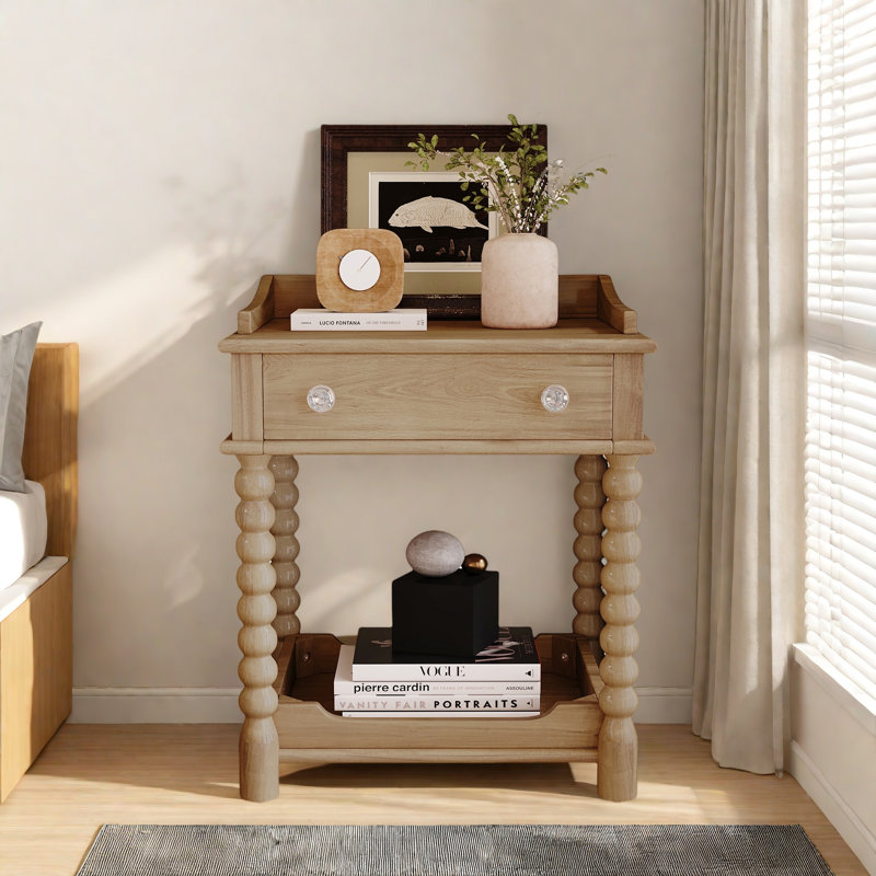 Retro Style Nightstand With 1 Drawer, An Open Shelf, Turned Legs And Metal Handles
