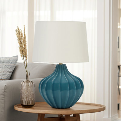 24"h, Table Lamp, Blue Ceramic, Ivory / Cream Shade, Transitional