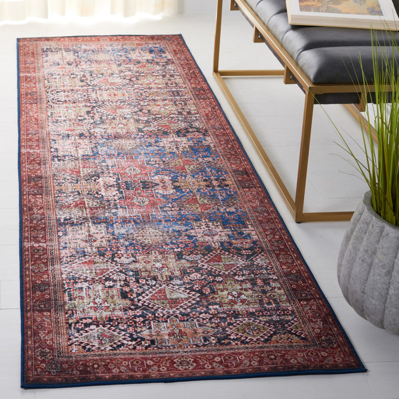 Navy and Rust Machine Washable Oriental Runner Rug