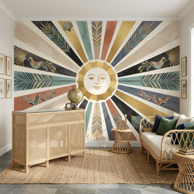 Sun Face Wallpaper Starburst Rays Removable Gold Accents Wall Decor