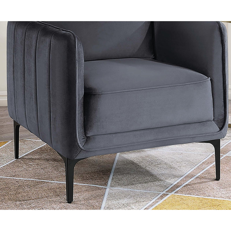 Chaise d'appoint grise 1pc avec pieds en métal en forme de L, coussin amovible, ressort en S et fibres, velours de décoration d'intérieur transitionnel, accoudoirs verticaux, base