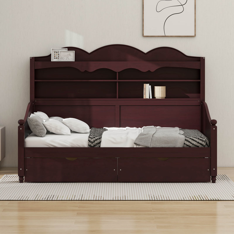 Lit de jour simple avec tiroirs de rangement, structure de lit simple en bois robuste avec étagère de tête de lit de rangement, style rétro