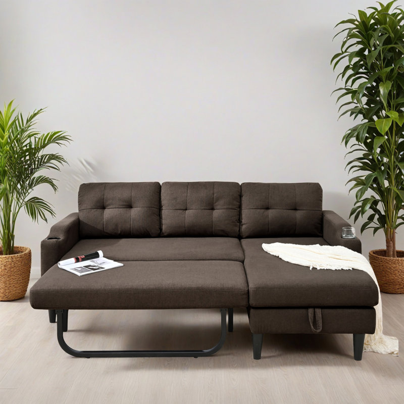 Canapé-lit modulaire en forme de L 74,82 po avec lit escamotable pour le salon, Polyester brun